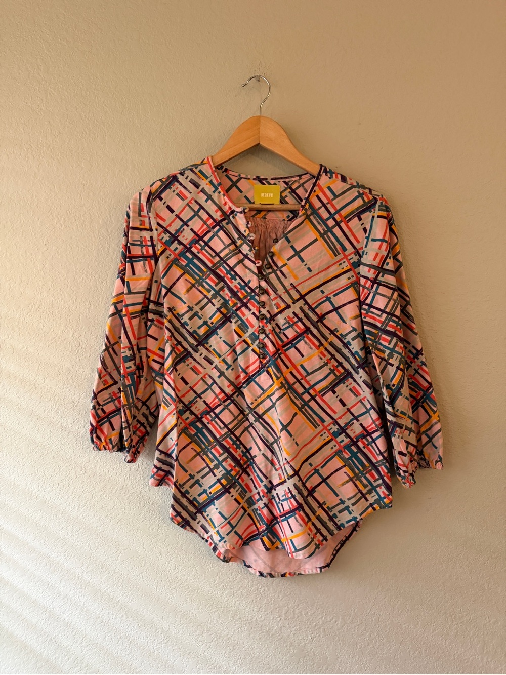 Anthropologie Maeve Pink Multi-Color Plaid Button-Front Blouse Small Eclectic